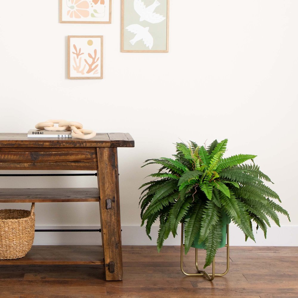 35in. Artificial Boston Fern in Brass Metal Planter with Stand. Picture 5