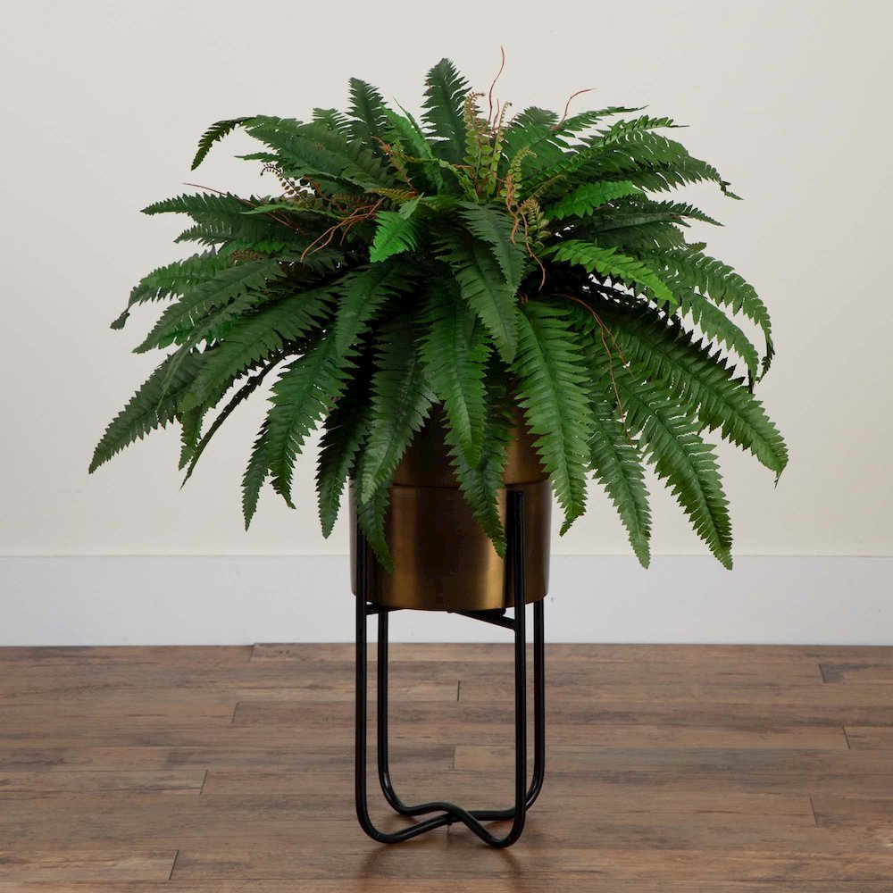 35in. Artificial Boston Fern in Brass Metal Planter with Stand. Picture 4