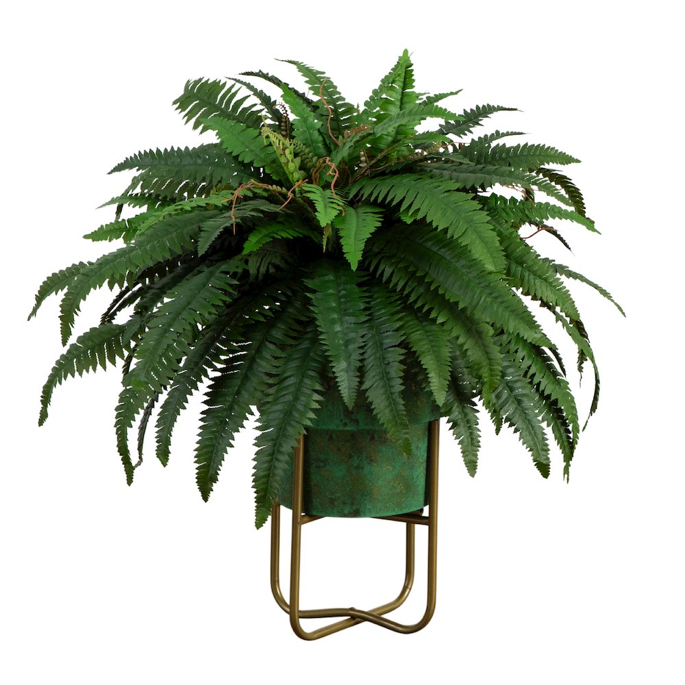 31in. Artificial Boston Fern in Patina Metal Planter with Stand. Picture 1