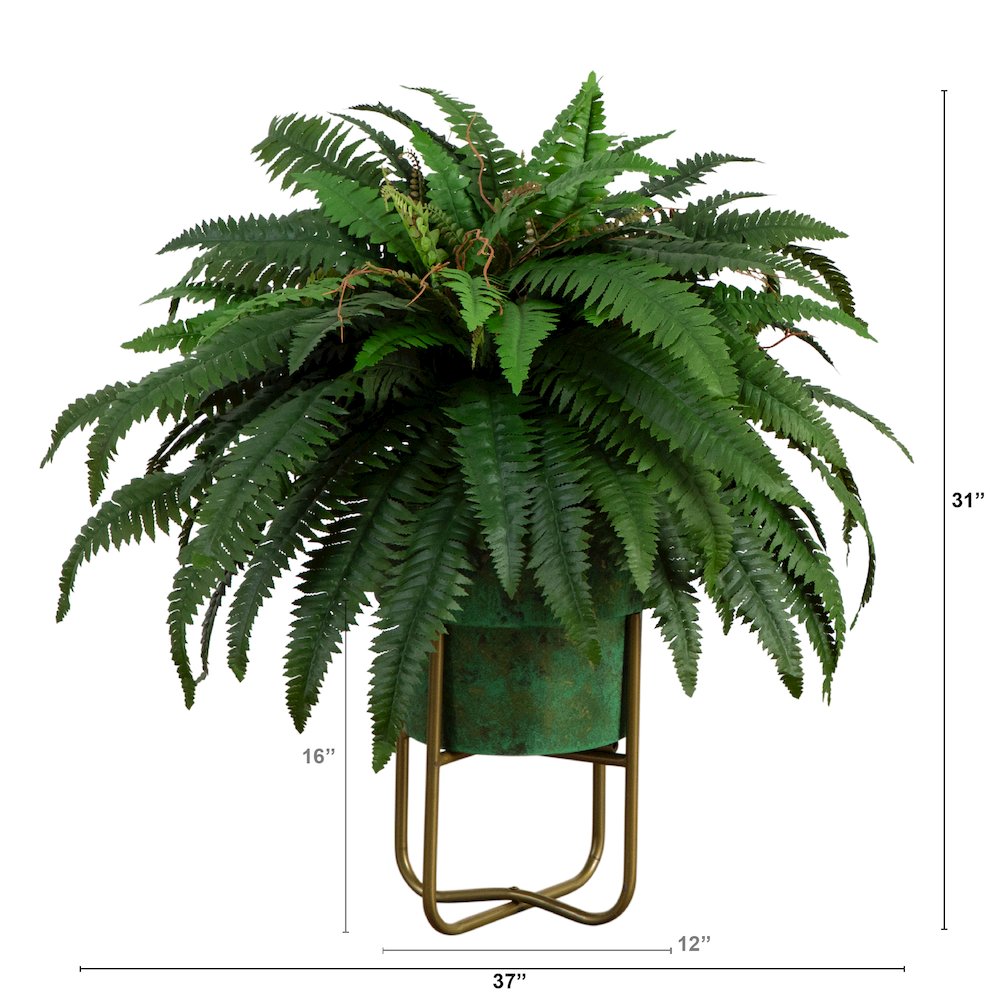 31in. Artificial Boston Fern in Patina Metal Planter with Stand. Picture 5