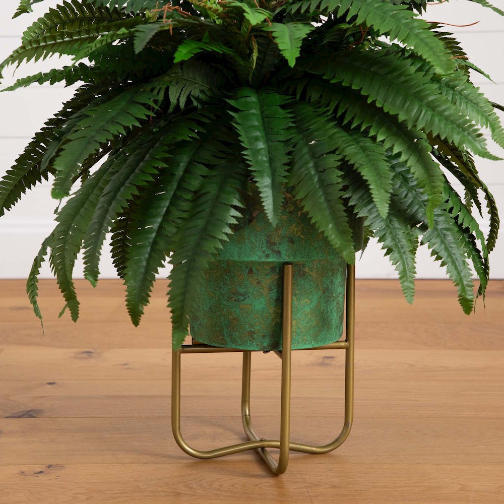 31in. Artificial Boston Fern in Patina Metal Planter with Stand. Picture 2