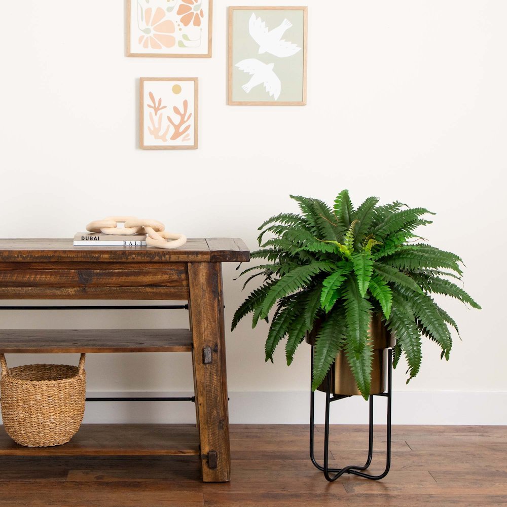 31in. Artificial Boston Fern in Patina Metal Planter with Stand. Picture 4
