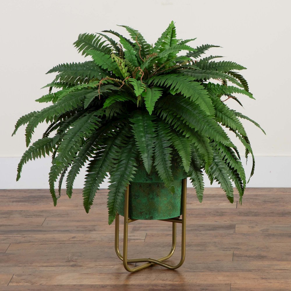 31in. Artificial Boston Fern in Patina Metal Planter with Stand. Picture 3
