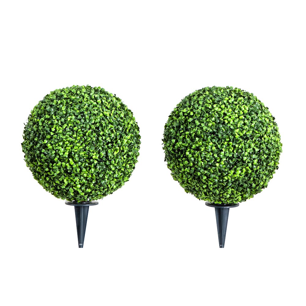14in. Artificial Boxwood Ball Topiary with Integrated Ground Stake Set of 2. Picture 10