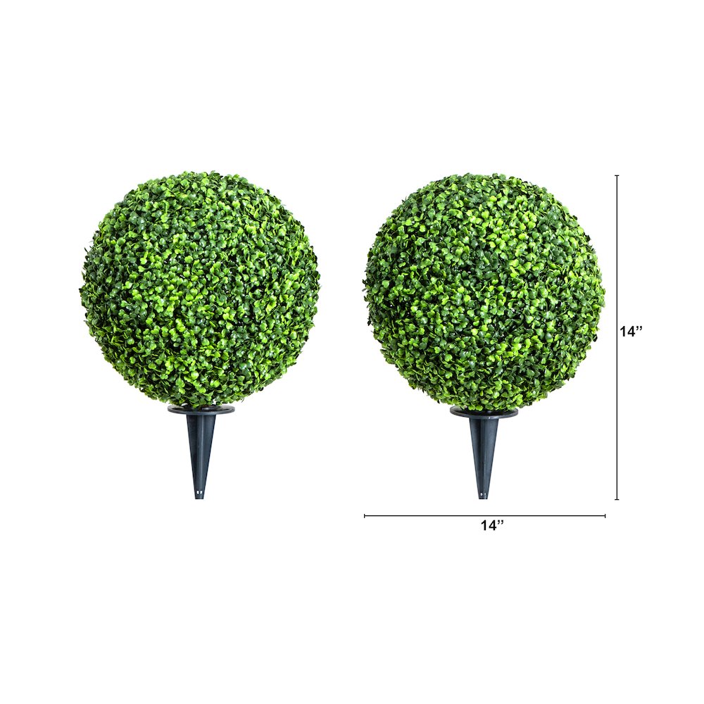 14in. Artificial Boxwood Ball Topiary with Integrated Ground Stake Set of 2. Picture 1