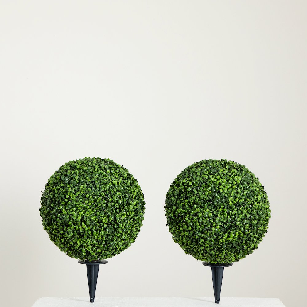 14in. Artificial Boxwood Ball Topiary with Integrated Ground Stake Set of 2. Picture 8