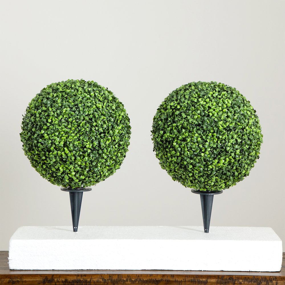 14in. Artificial Boxwood Ball Topiary with Integrated Ground Stake Set of 2. Picture 9