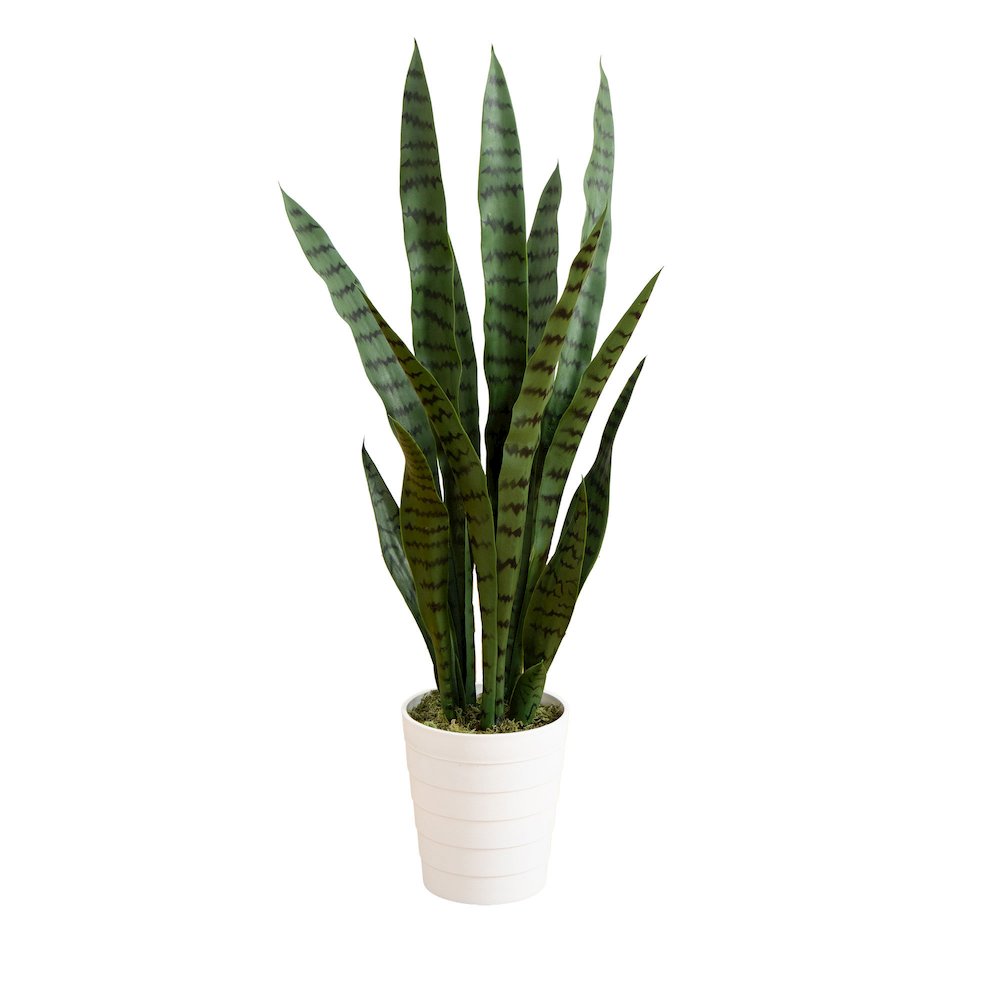 3ft. UV Resistant Artificial Sansevieria Plant in White Decorative Planter. Picture 1