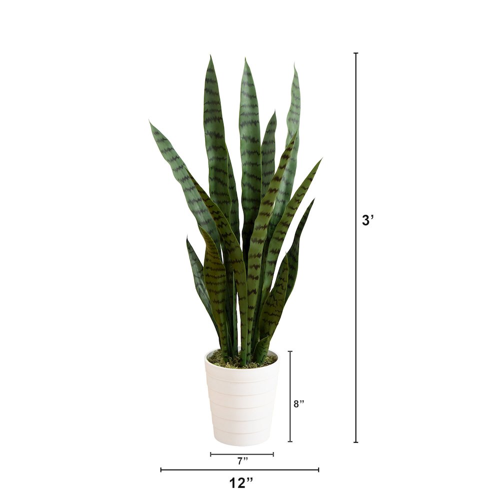 3ft. UV Resistant Artificial Sansevieria Plant in White Decorative Planter. Picture 2