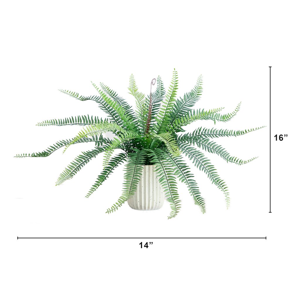 16in. Artificial Boston Fern Plant in Decorative Cement Planter. Picture 2