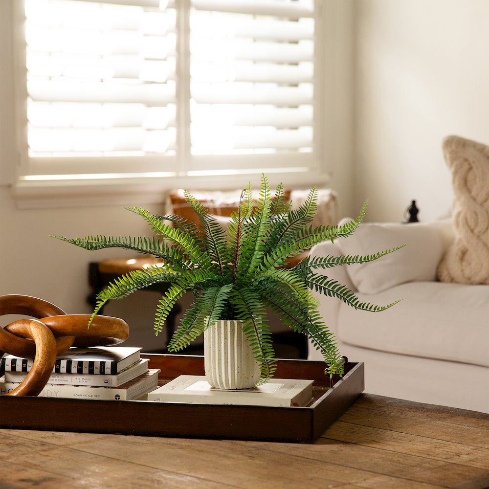 16in. Artificial Boston Fern Plant in Decorative Cement Planter. Picture 7