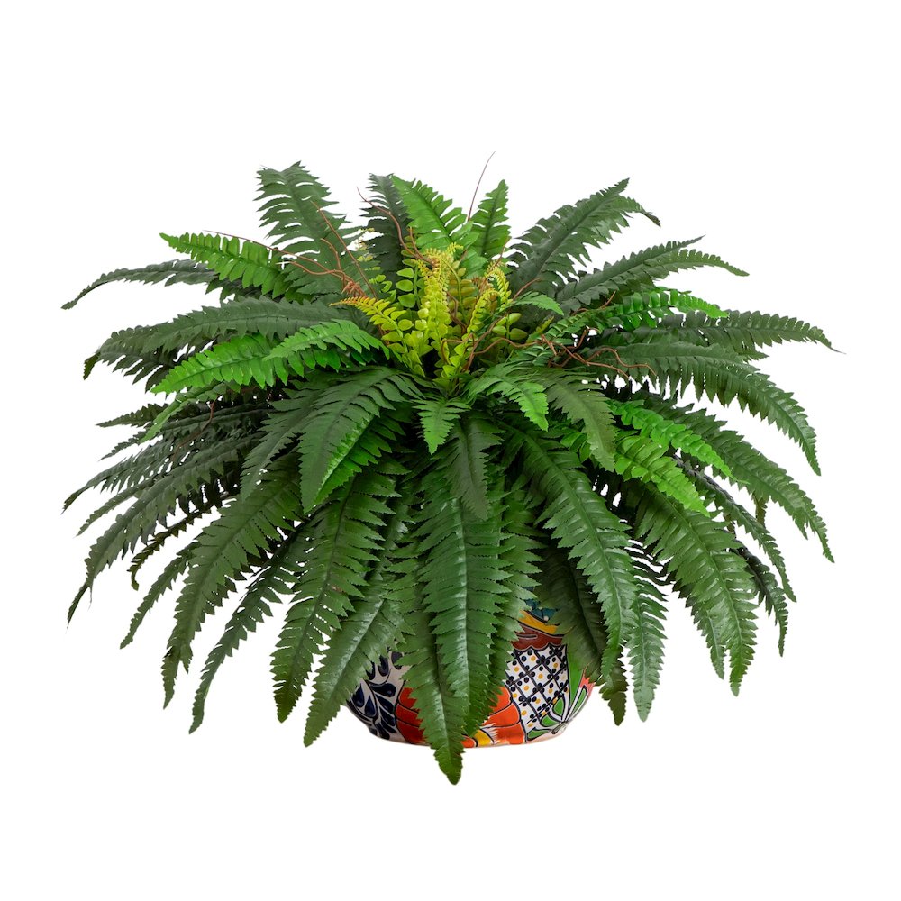 32in. Artificial Double Boston Fern in Handmade Mexican Talavera Ceramic Planter. Picture 9