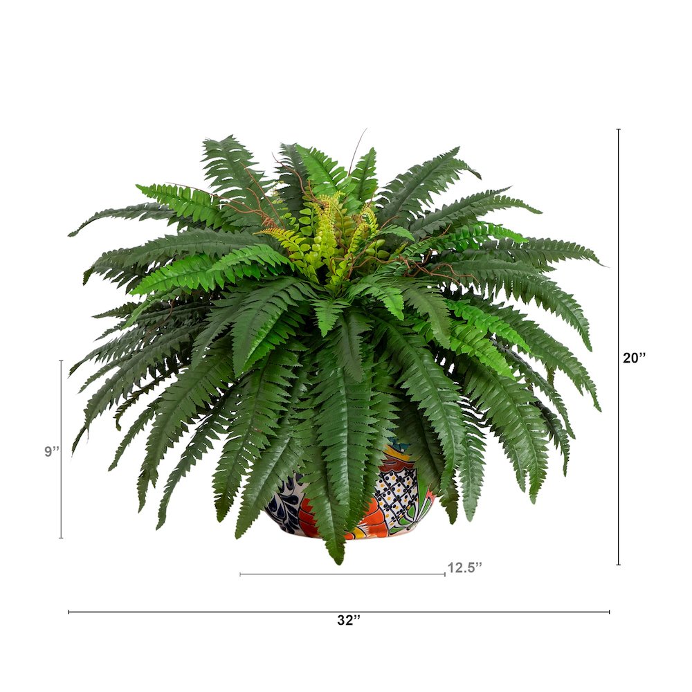 32in. Artificial Double Boston Fern in Handmade Mexican Talavera Ceramic Planter. Picture 1