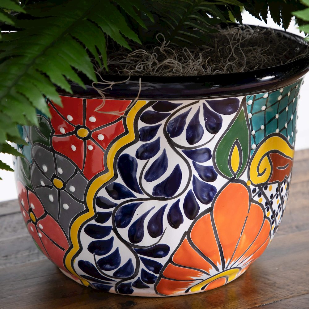 32in. Artificial Double Boston Fern in Handmade Mexican Talavera Ceramic Planter. Picture 3