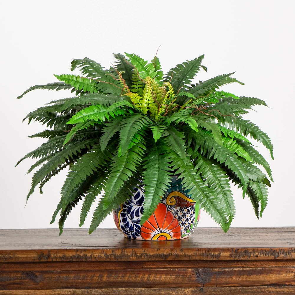 32in. Artificial Double Boston Fern in Handmade Mexican Talavera Ceramic Planter. Picture 8
