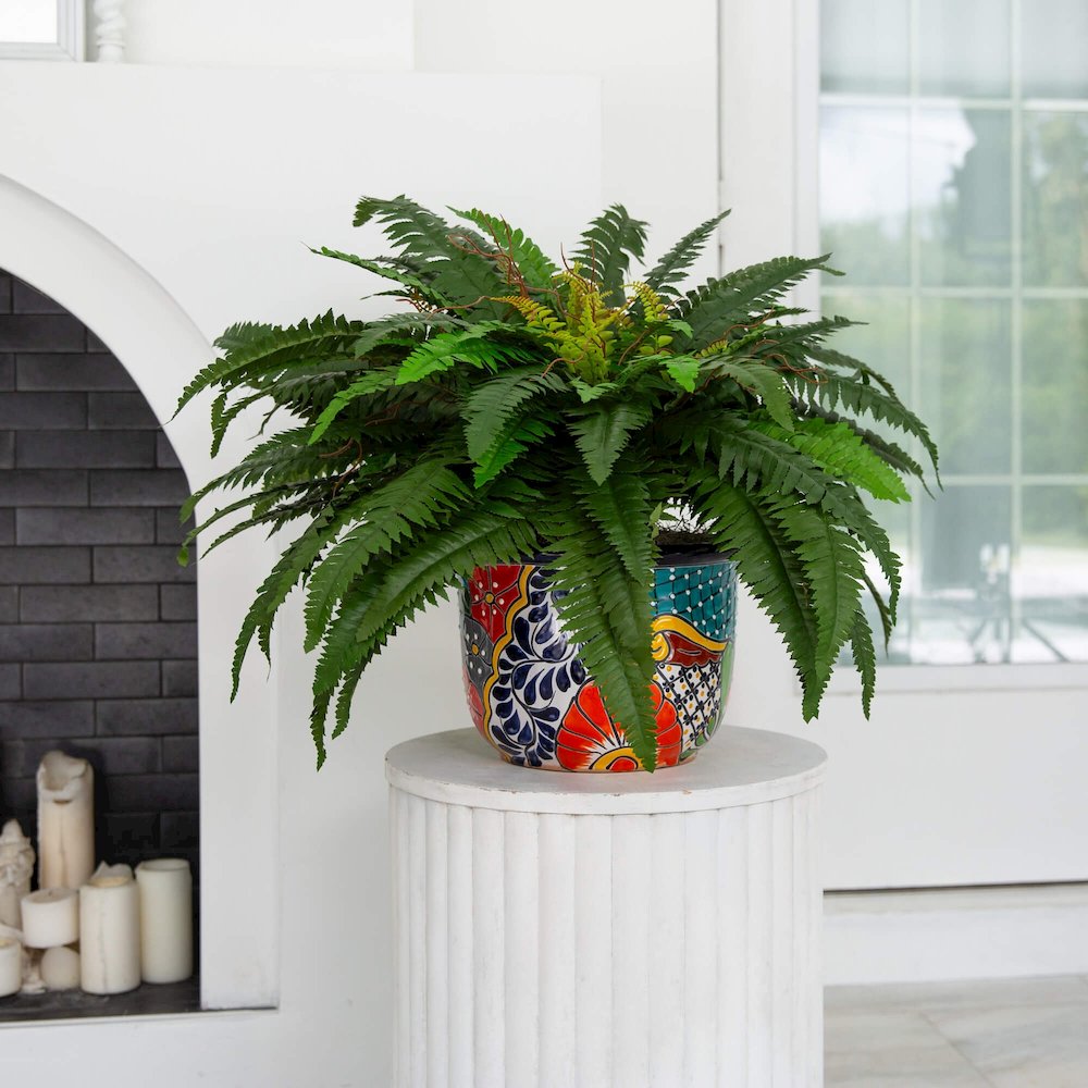 32in. Artificial Double Boston Fern in Handmade Mexican Talavera Ceramic Planter. Picture 4