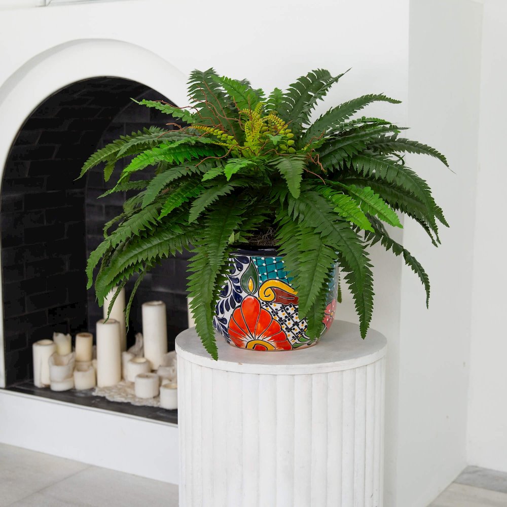 32in. Artificial Double Boston Fern in Handmade Mexican Talavera Ceramic Planter. Picture 5