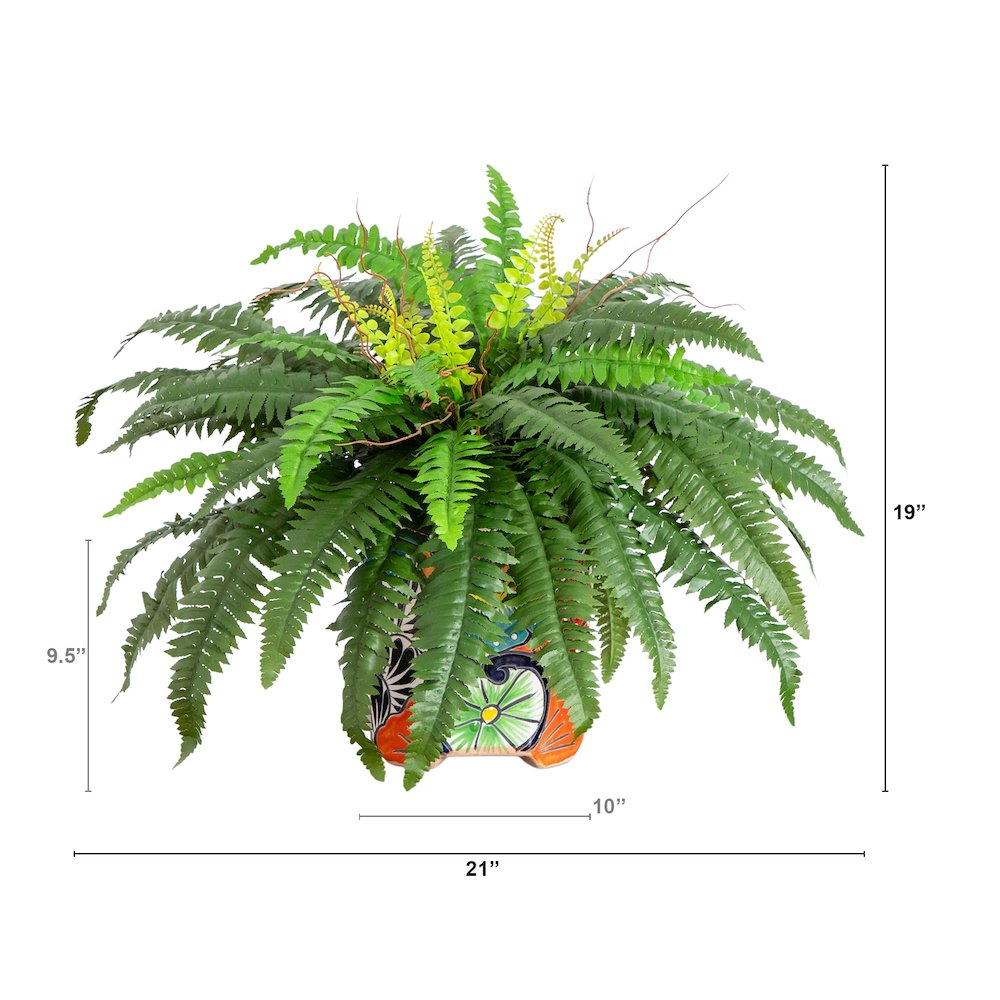 21in. Artificial Boston Fern in Handmade Mexican Talavera Ceramic Planter. Picture 1