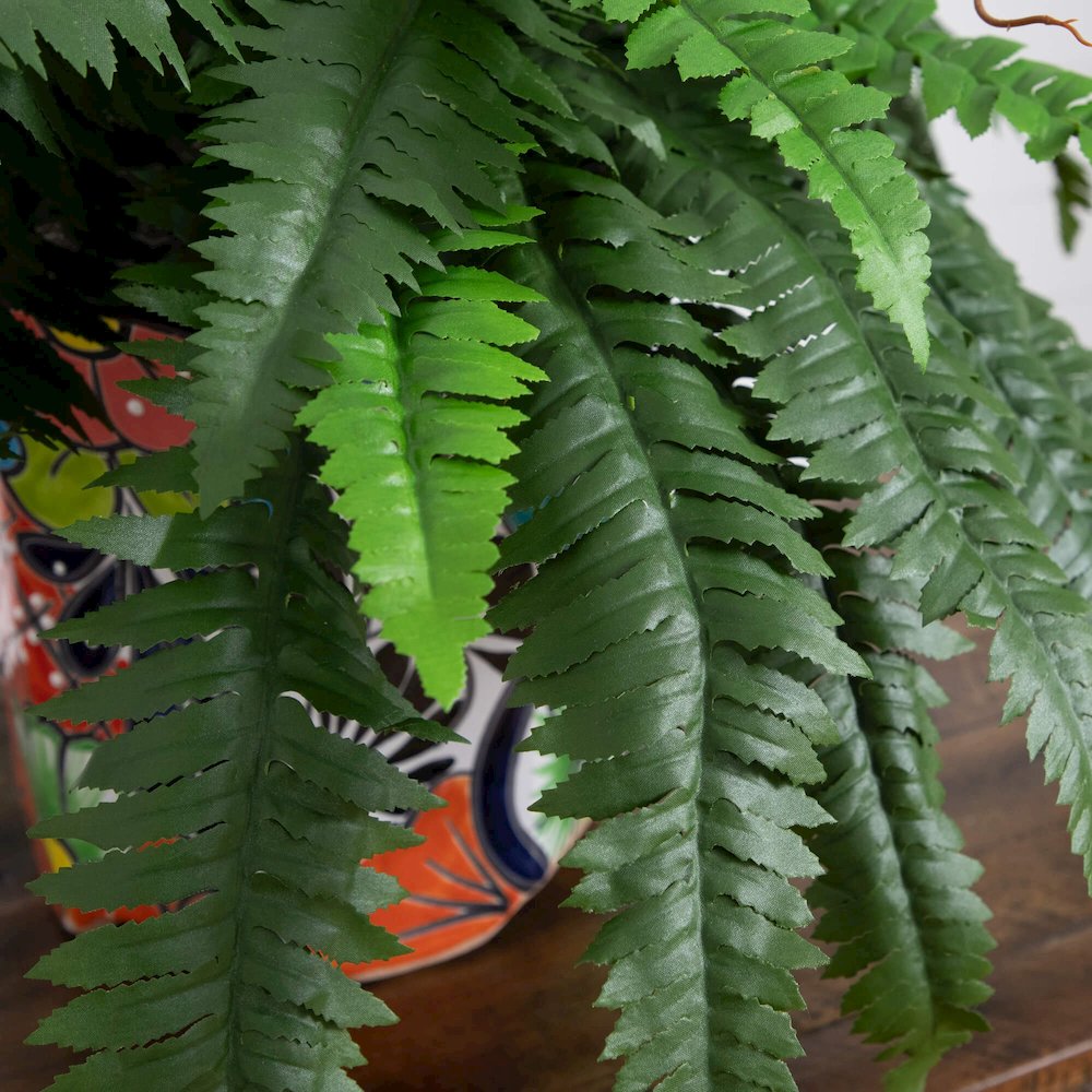 21in. Artificial Boston Fern in Handmade Mexican Talavera Ceramic Planter. Picture 2
