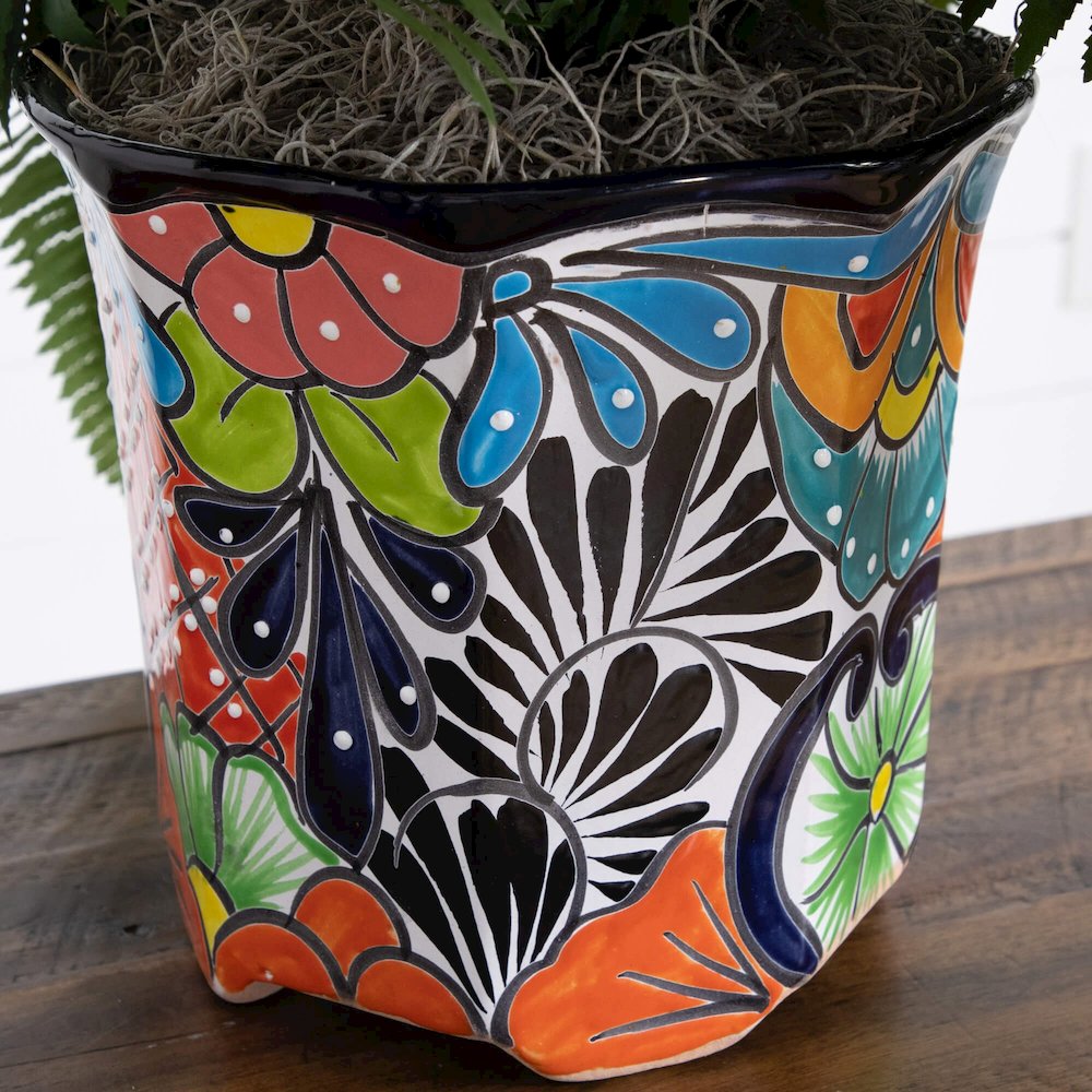 21in. Artificial Boston Fern in Handmade Mexican Talavera Ceramic Planter. Picture 3