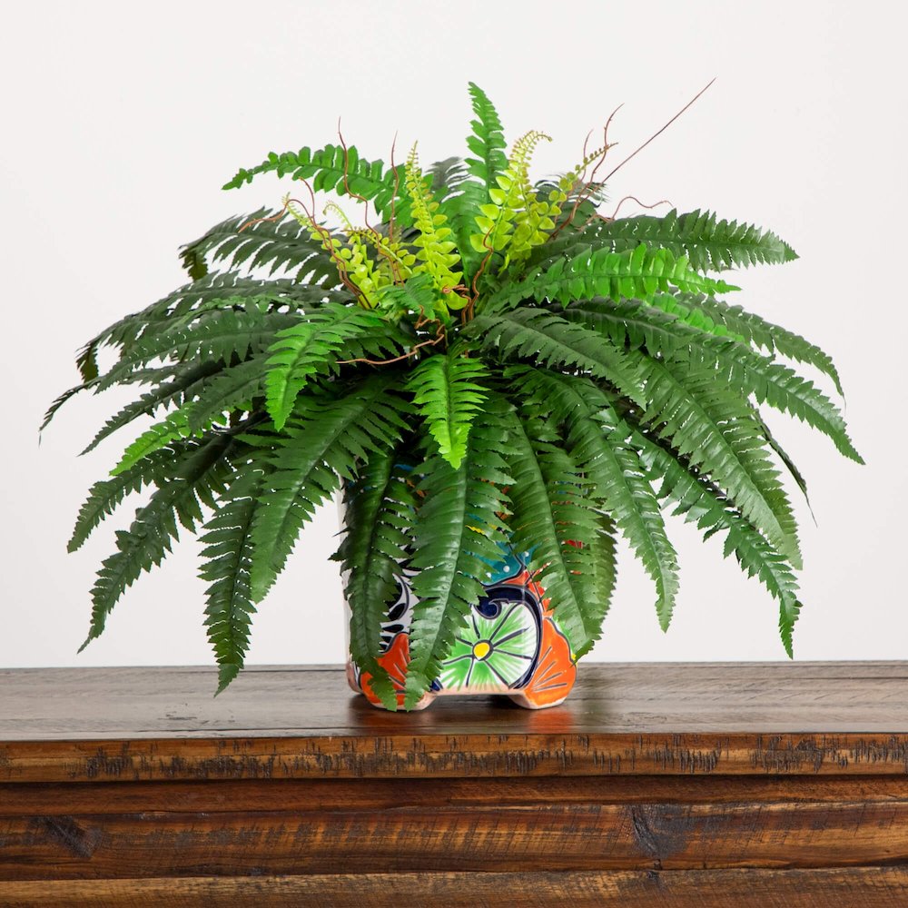 21in. Artificial Boston Fern in Handmade Mexican Talavera Ceramic Planter. Picture 6