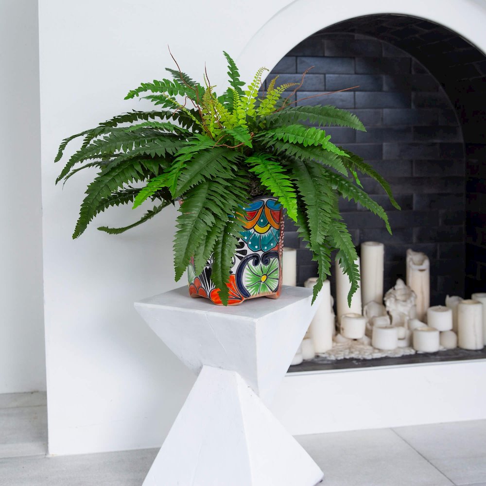 21in. Artificial Boston Fern in Handmade Mexican Talavera Ceramic Planter. Picture 4