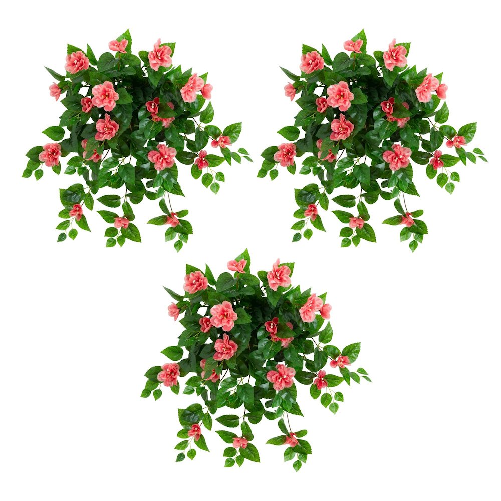 24in. UV Resistant Artificial Azalea Hanging Plant (Indoor/Outdoor) - Set of 3. Picture 1