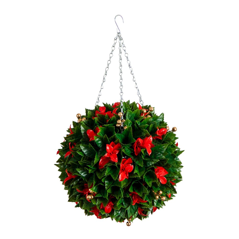 15in. Artificial Red Tip Photinia Christmas Hanging Ball with Gold Berries. Picture 1