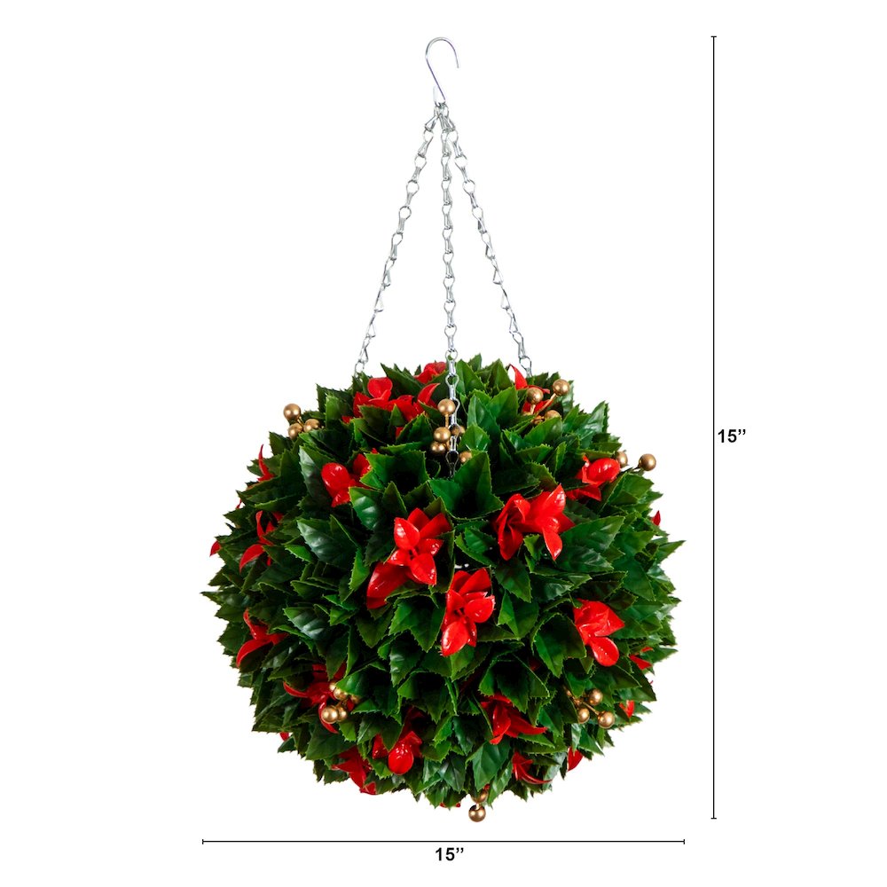 15in. Artificial Red Tip Photinia Christmas Hanging Ball with Gold Berries. Picture 5