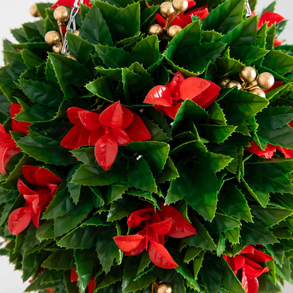 15in. Artificial Red Tip Photinia Christmas Hanging Ball with Gold Berries. Picture 6