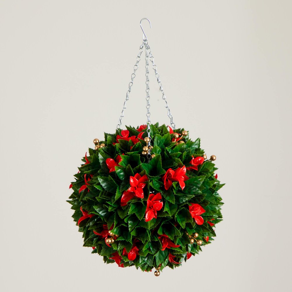 15in. Artificial Red Tip Photinia Christmas Hanging Ball with Gold Berries. Picture 2