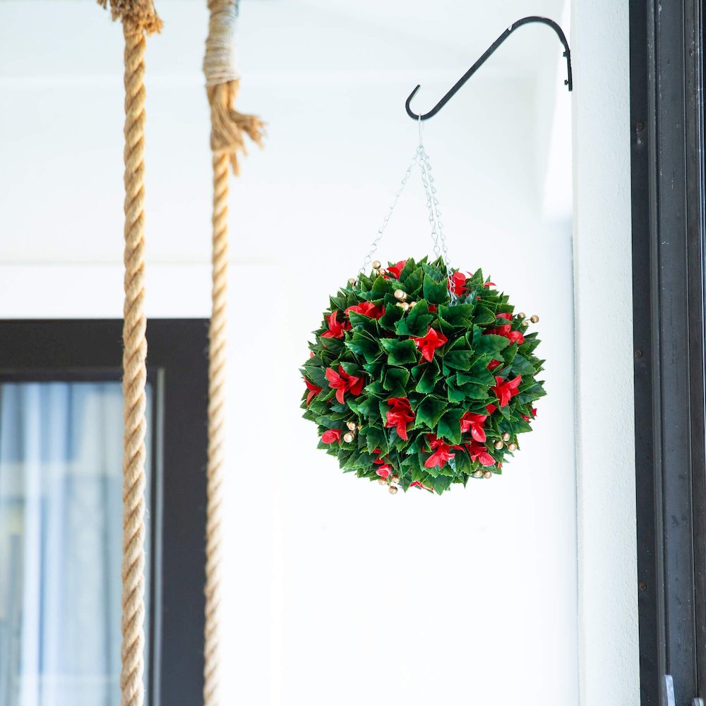 15in. Artificial Red Tip Photinia Christmas Hanging Ball with Gold Berries. Picture 3