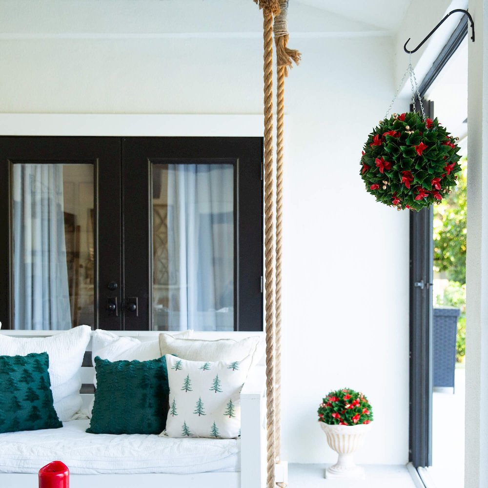 15in. Artificial Red Tip Photinia Christmas Hanging Ball with Gold Berries. Picture 7