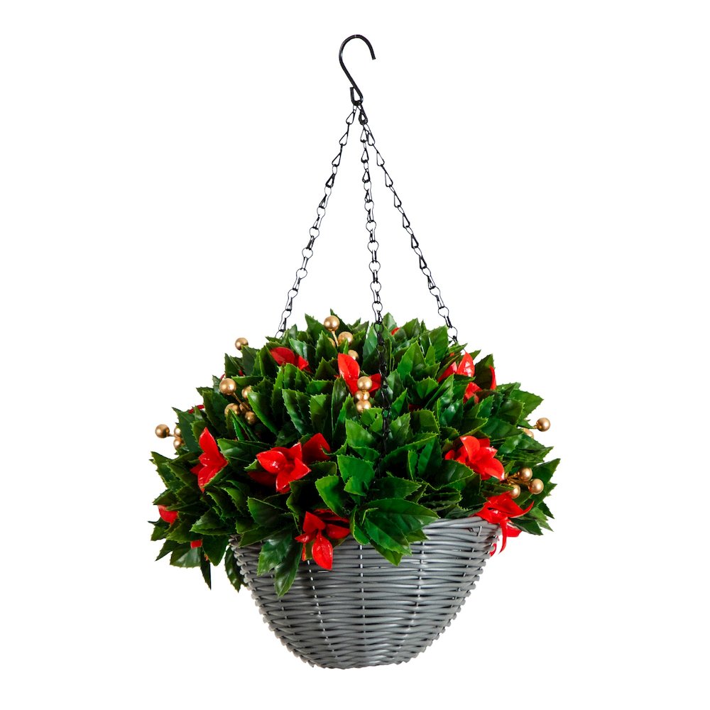 24in Pre-Lit  Artificial Red Tip Photinia &Gold Berries Christmas Hanging Basket. Picture 3