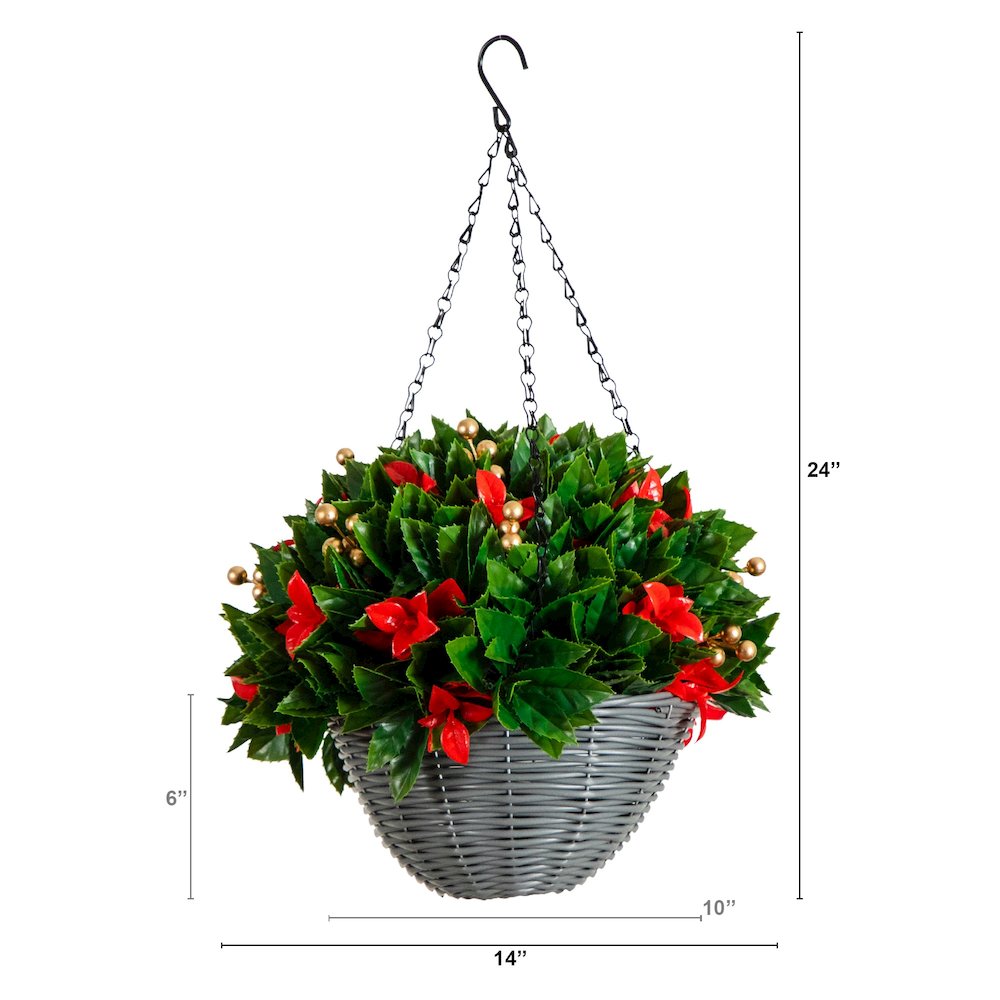 24in Pre-Lit  Artificial Red Tip Photinia &Gold Berries Christmas Hanging Basket. Picture 1