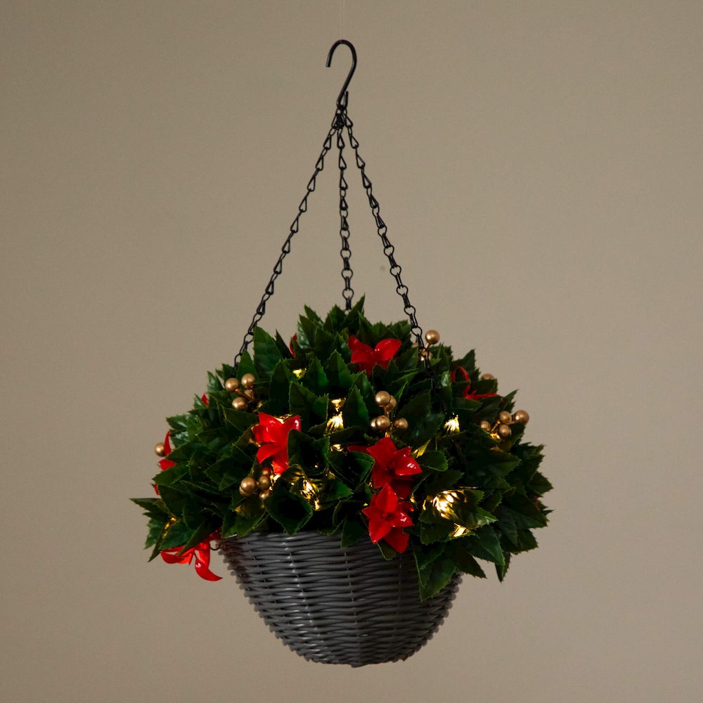24in Pre-Lit  Artificial Red Tip Photinia &Gold Berries Christmas Hanging Basket. Picture 2