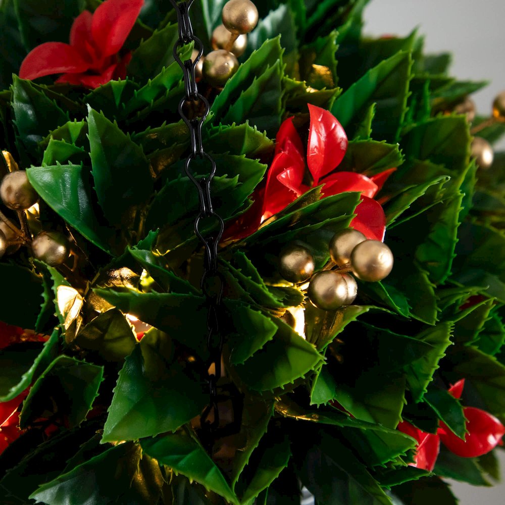 24in Pre-Lit  Artificial Red Tip Photinia &Gold Berries Christmas Hanging Basket. Picture 4