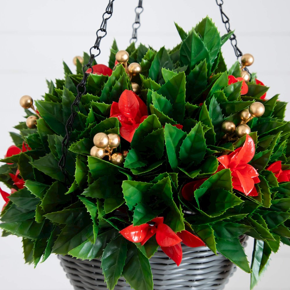 24in Pre-Lit  Artificial Red Tip Photinia &Gold Berries Christmas Hanging Basket. Picture 6