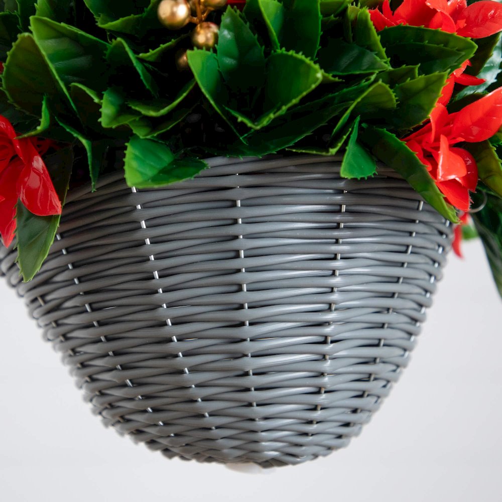 24in Pre-Lit  Artificial Red Tip Photinia &Gold Berries Christmas Hanging Basket. Picture 7