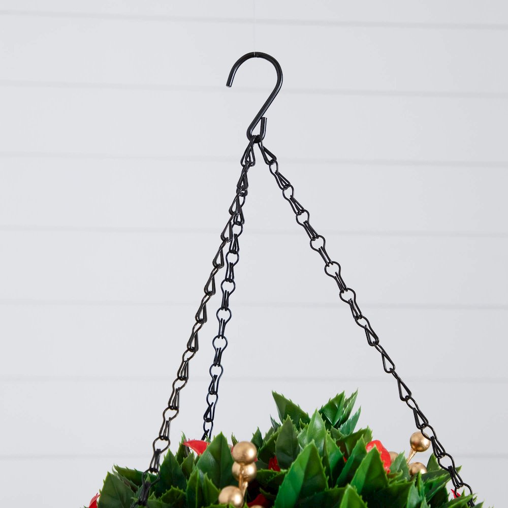 24in Pre-Lit  Artificial Red Tip Photinia &Gold Berries Christmas Hanging Basket. Picture 8