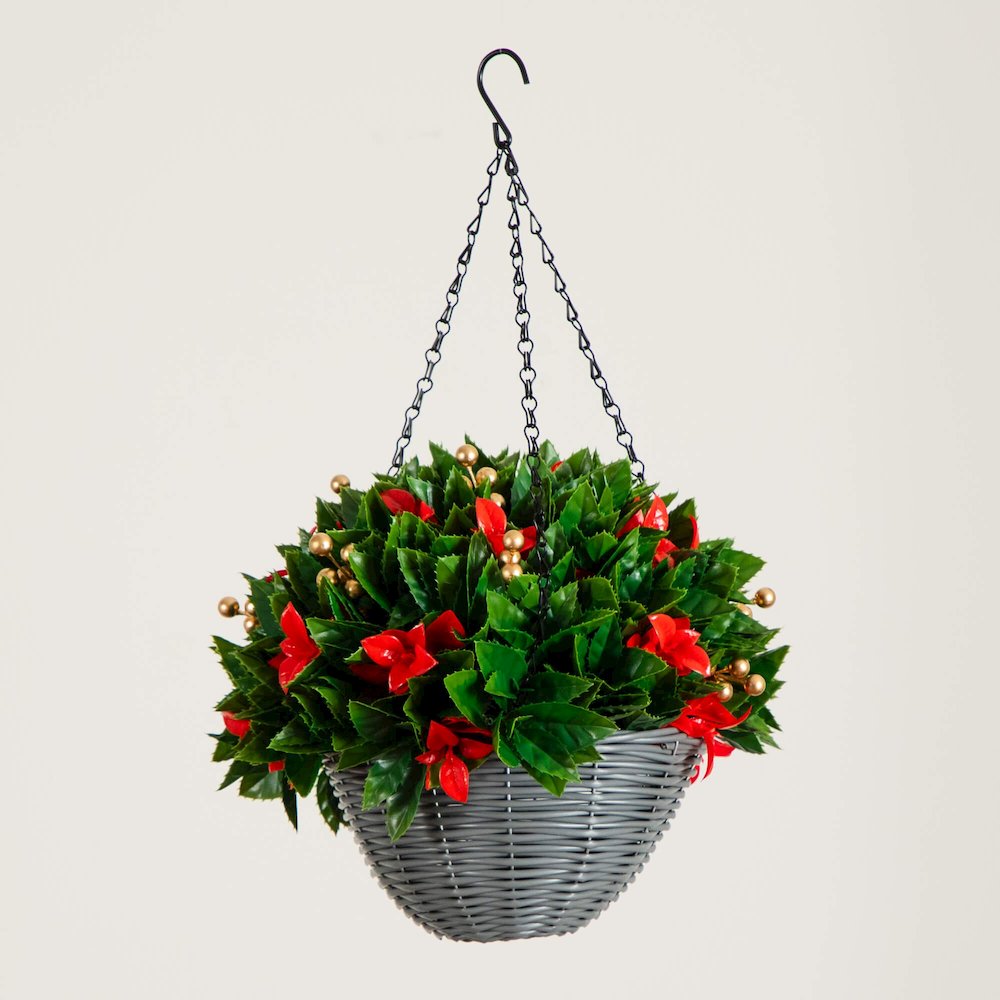 24in Pre-Lit  Artificial Red Tip Photinia &Gold Berries Christmas Hanging Basket. Picture 5