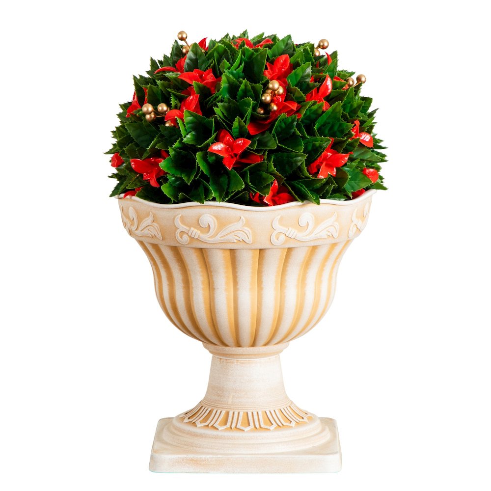 22in. Artificial Red Tip Photinia Christmas Ball in Classic Decorative Planter. Picture 1