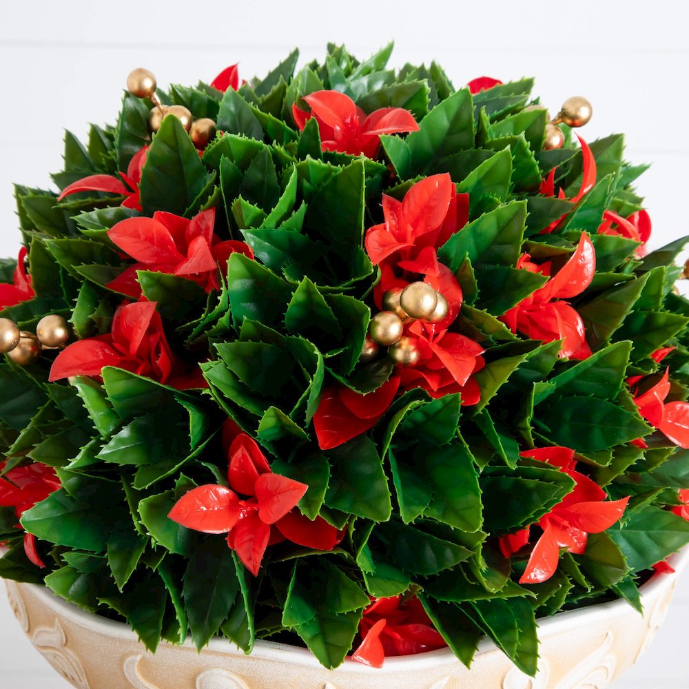 22in. Artificial Red Tip Photinia Christmas Ball in Classic Decorative Planter. Picture 6