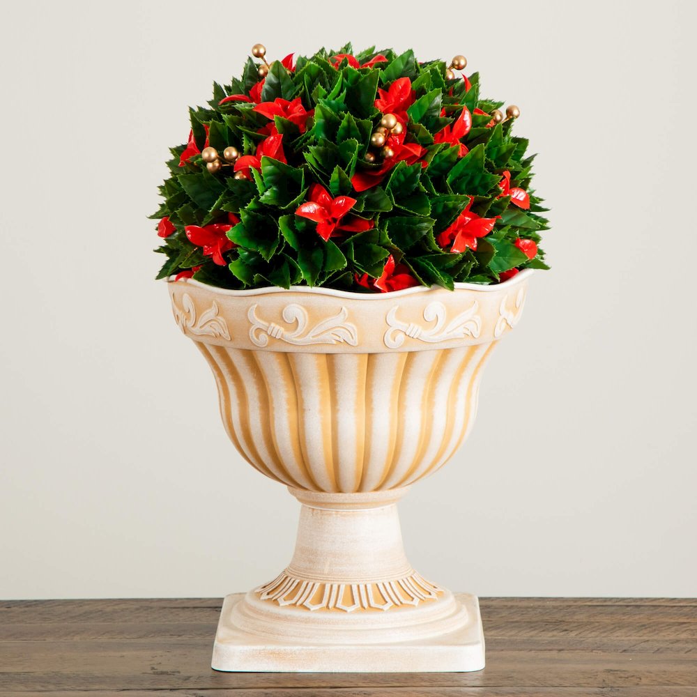 22in. Artificial Red Tip Photinia Christmas Ball in Classic Decorative Planter. Picture 2