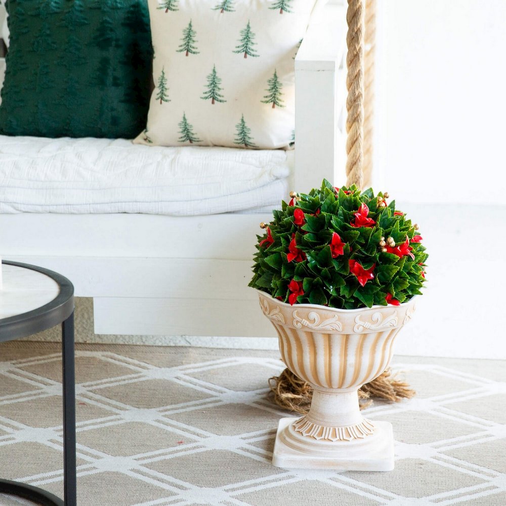 22in. Artificial Red Tip Photinia Christmas Ball in Classic Decorative Planter. Picture 4