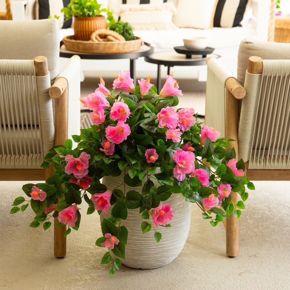 24in. UV Resistant Artificial Hibiscus Hanging Plant (Indoor/Outdoor) - Set of 2. Picture 7