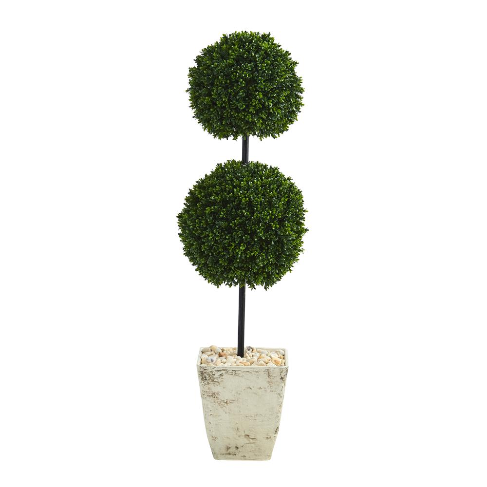 4ft. Boxwood Double Ball Artificial Topiary Tree in Country White Planter. Picture 1