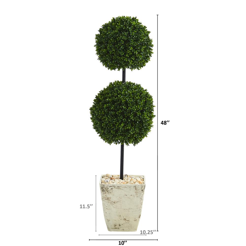 4ft. Boxwood Double Ball Artificial Topiary Tree in Country White Planter. Picture 2