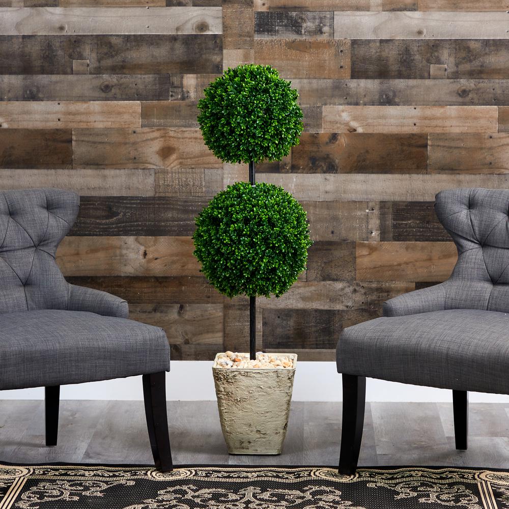 4ft. Boxwood Double Ball Artificial Topiary Tree in Country White Planter. Picture 4