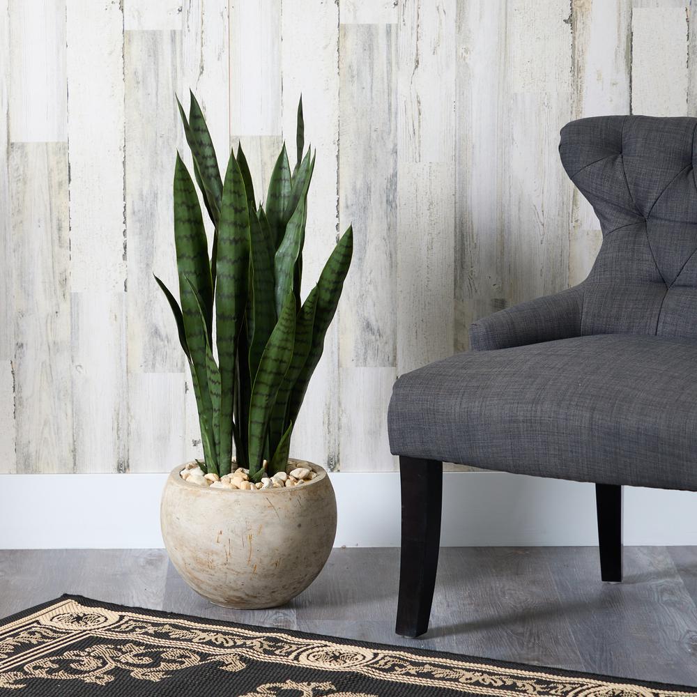 32in. Sansevieria Artificial Plant in Sand Colored Planter. Picture 3
